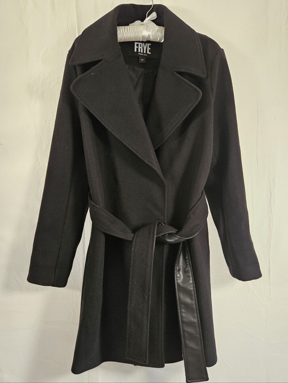 NWOT FRYE Women's Black Wrap Trench Coat S Small Faux Leather Trim Belted Jacket
